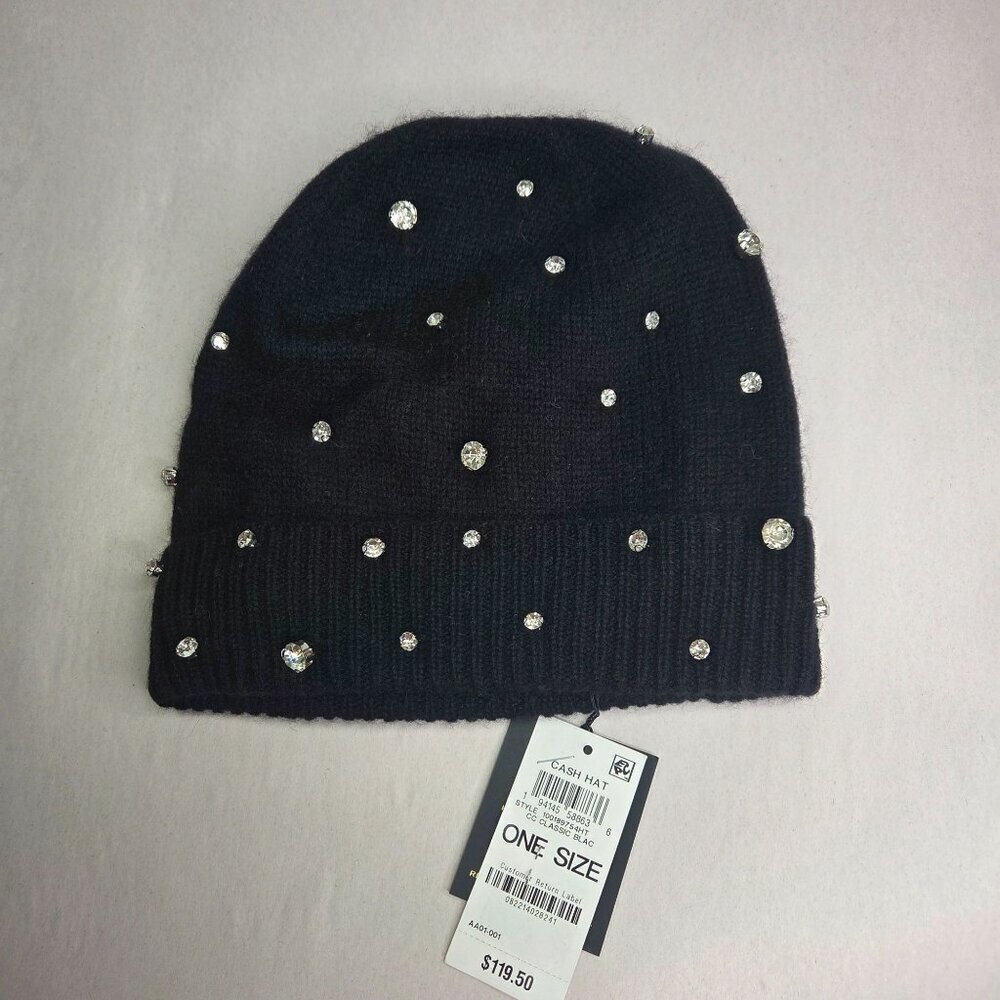 NWT Charter Club Women's Cashmere Crystal Embellished Black Hat OS